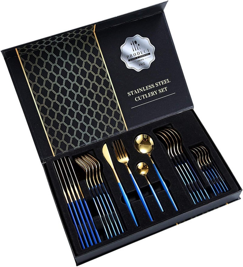 Iktu 24-Piece Stainless Steel Cutlery Set, Mirror Polished Tableware, Dishwasher Safe, Suitable for Housewarming Gift, Dining Table Decor (Blue-Gold) - Image 5