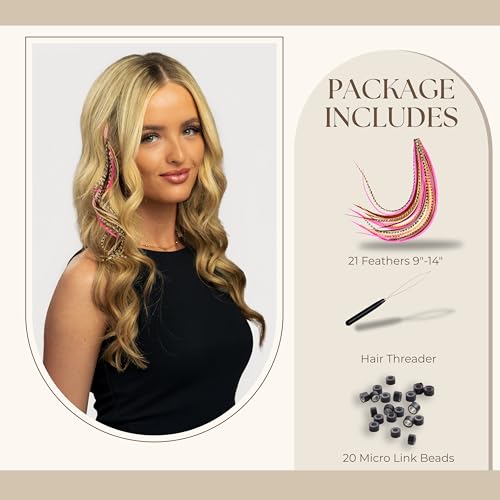 Feather Headz 21 Natural Hot Pink Color Hair Extensions 914 Long DIY Rooster Kit with 20 MicroLink Beads 100 Real Feathers EyeCatching Boho Style - Image 3