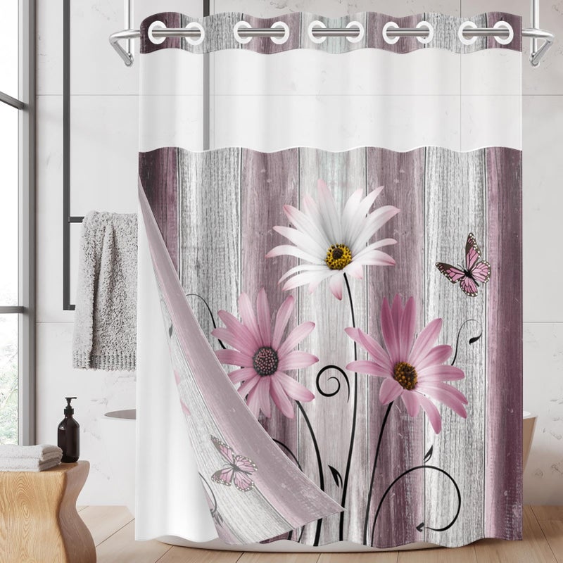 Nesphy No Hook Flower Daisy Shower Curtain with Snap in Fabric Liner Set, Pink Rustic Farmhouse Double Layers Waterproof Fabric with See Through Top Window Open Grommet Bath Curtain 71x74 Inch - Image 1