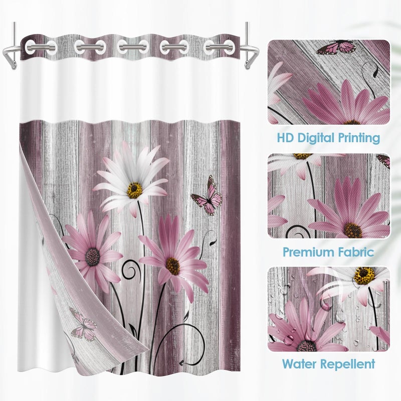 Nesphy No Hook Flower Daisy Shower Curtain with Snap in Fabric Liner Set, Pink Rustic Farmhouse Double Layers Waterproof Fabric with See Through Top Window Open Grommet Bath Curtain 71x74 Inch - Image 2