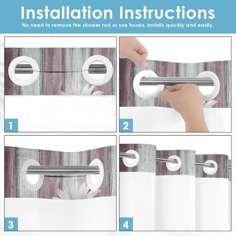 Nesphy No Hook Flower Daisy Shower Curtain with Snap in Fabric Liner Set, Pink Rustic Farmhouse Double Layers Waterproof Fabric with See Through Top Window Open Grommet Bath Curtain 71x74 Inch - Image 5