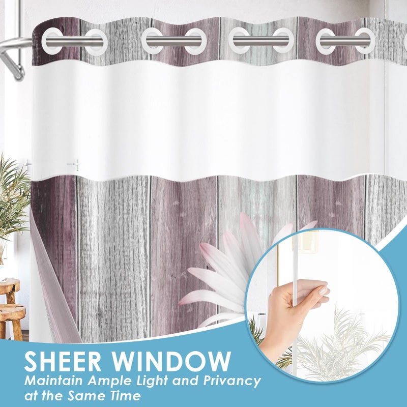 Nesphy No Hook Flower Daisy Shower Curtain with Snap in Fabric Liner Set, Pink Rustic Farmhouse Double Layers Waterproof Fabric with See Through Top Window Open Grommet Bath Curtain 71x74 Inch - Image 4