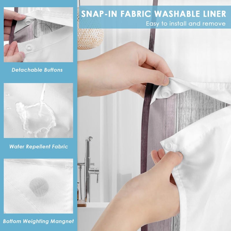 Nesphy No Hook Flower Daisy Shower Curtain with Snap in Fabric Liner Set, Pink Rustic Farmhouse Double Layers Waterproof Fabric with See Through Top Window Open Grommet Bath Curtain 71x74 Inch - Image 3