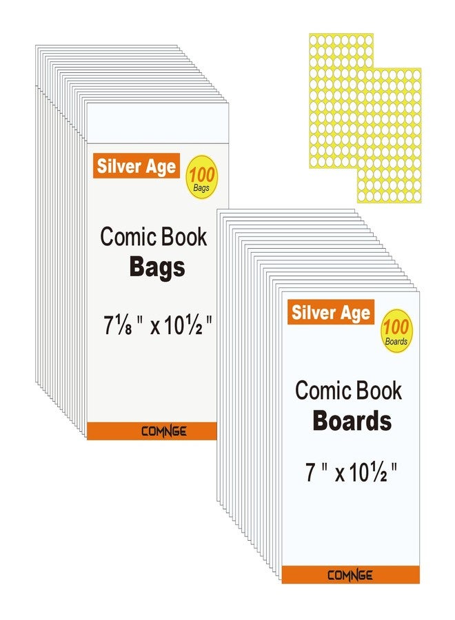 Comnge 100ct Silver-Age Comic Book Bags and Boards - Reusable Ultra Clear Comic Sleeves 7 1/8 x 10 1/2 Inch with Stickers and Backing Boards, Acid-Free Clear Protector for Vintage Regular Comics - Image 1