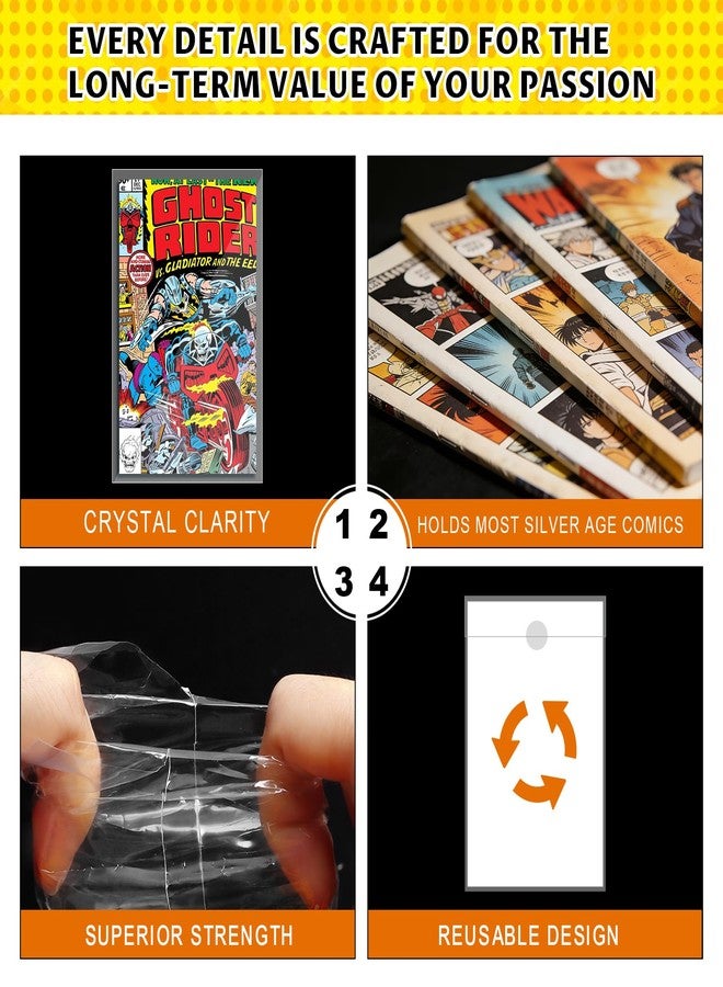 Comnge 100ct Silver-Age Comic Book Bags and Boards - Reusable Ultra Clear Comic Sleeves 7 1/8 x 10 1/2 Inch with Stickers and Backing Boards, Acid-Free Clear Protector for Vintage Regular Comics - Image 5