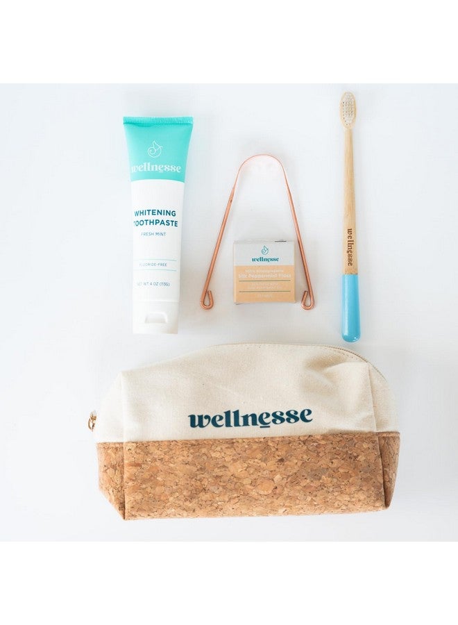 Wellnesse Essential Travel Oral Care Set - Compact Toothbrush Kit With Hydroxyapatite Toothpaste - Adult Toothbrush With Copper Tongue Scraper - Eco-Friendly Cork - Cotton Travel Pouch - Mint Flavor - Image 1