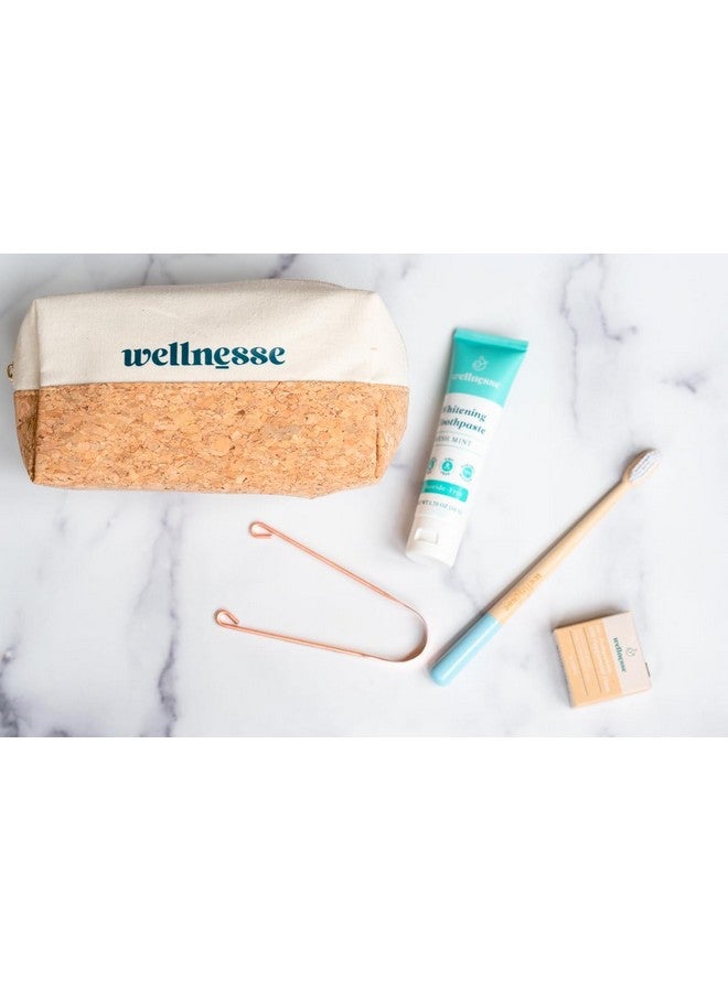 Wellnesse Essential Travel Oral Care Set - Compact Toothbrush Kit With Hydroxyapatite Toothpaste - Adult Toothbrush With Copper Tongue Scraper - Eco-Friendly Cork - Cotton Travel Pouch - Mint Flavor - Image 2