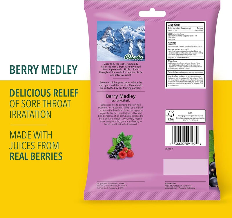 Ricola Berry Medley Throat Drops 45 Count Delicious Throat Relief  Care Oral Anesthetic Naturally Flavored Pack of 2 - Image 3