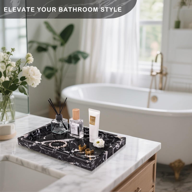 Homaura Marble Bathroom Tray for Countertop & Home Decor, Natural Decorative Marble Tray for Jewelry & Perfume Organizer, Luxury Stone Vanity Trays for Dresser, Kitchen Counter, 12" x 8", Black - Image 4