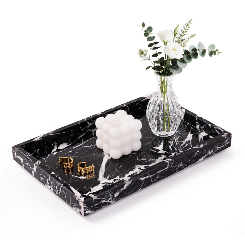 Homaura Marble Bathroom Tray for Countertop & Home Decor, Natural Decorative Marble Tray for Jewelry & Perfume Organizer, Luxury Stone Vanity Trays for Dresser, Kitchen Counter, 12" x 8", Black - Image 1