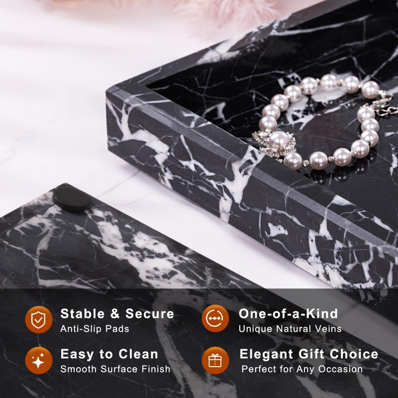 Homaura Marble Bathroom Tray for Countertop & Home Decor, Natural Decorative Marble Tray for Jewelry & Perfume Organizer, Luxury Stone Vanity Trays for Dresser, Kitchen Counter, 12" x 8", Black - Image 2