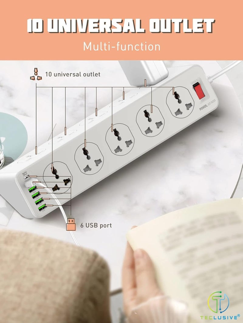 T Teclusive 2500W Power Strip Extension with Type C USB Ports 10 Power Sockets with 30W Type C USB PD QC 30 Fast USB Port Multi Port Extension with USB Port 2M Power Cord 100250V - Image 2