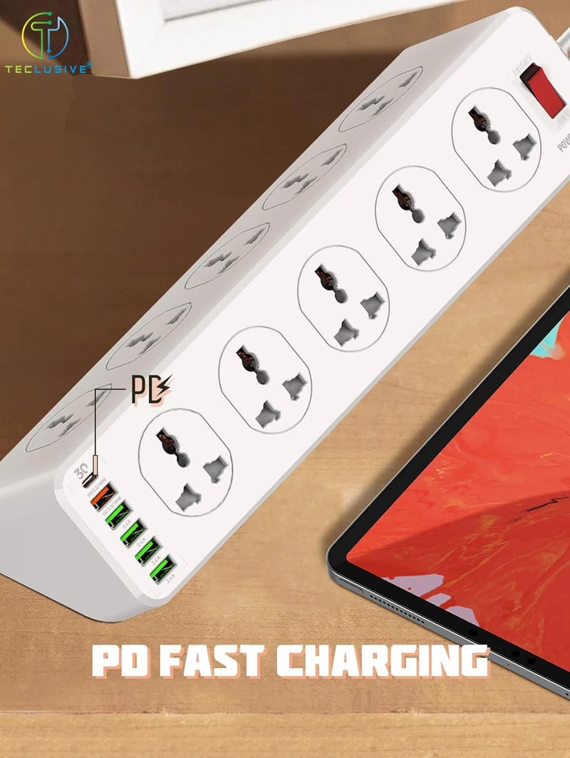 T Teclusive 2500W Power Strip Extension with Type C USB Ports 10 Power Sockets with 30W Type C USB PD QC 30 Fast USB Port Multi Port Extension with USB Port 2M Power Cord 100250V - Image 5