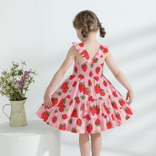 RETSUGO Strawberry Dress Girls Ruffle Twirly Tiered Smock Sleeveless Sundress Toddler School Outfits Kids Shirred Summer Dresses 6-7 Years - Image 3