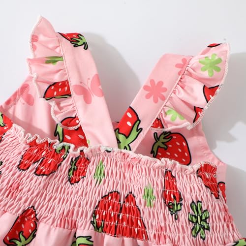 RETSUGO Strawberry Dress Girls Ruffle Twirly Tiered Smock Sleeveless Sundress Toddler School Outfits Kids Shirred Summer Dresses 6-7 Years - Image 4
