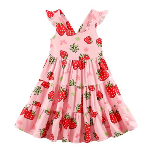 RETSUGO Strawberry Dress Girls Ruffle Twirly Tiered Smock Sleeveless Sundress Toddler School Outfits Kids Shirred Summer Dresses 6-7 Years - Image 1
