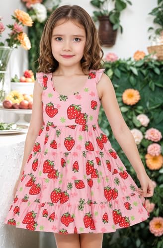 RETSUGO Strawberry Dress Girls Ruffle Twirly Tiered Smock Sleeveless Sundress Toddler School Outfits Kids Shirred Summer Dresses 6-7 Years - Image 2
