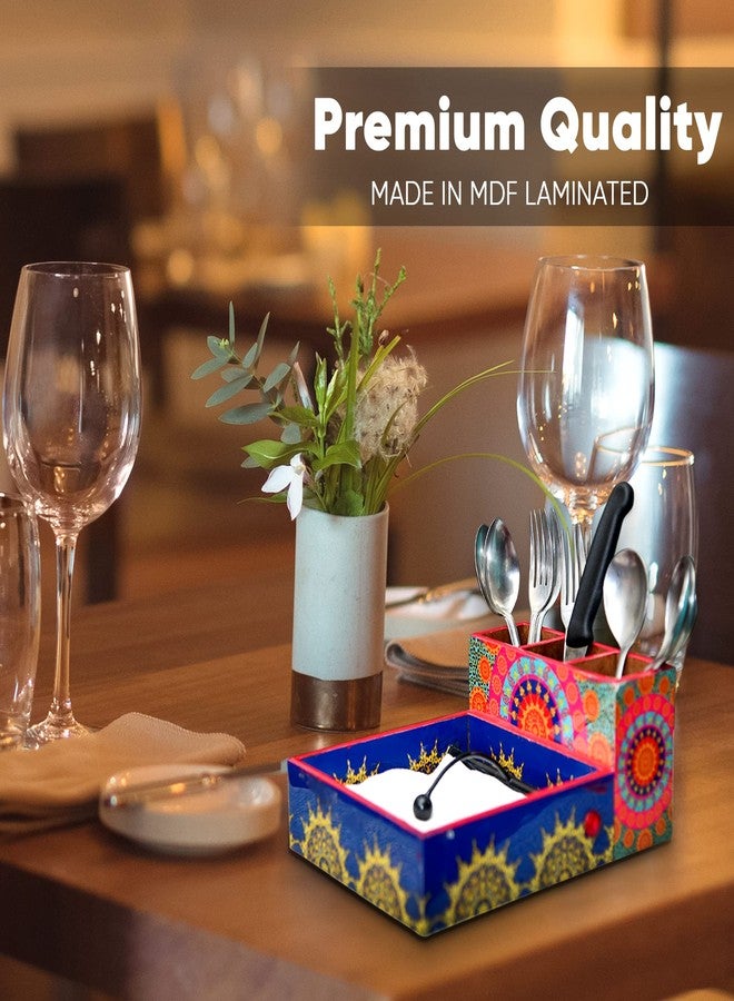 CRAFTY ESSENTIALS Wooden Cutlery and Tissue Holder Multipurpose Kitchen and Dining Table Organizer with Enamel Coating, 10x8x4 Inch - Image 2