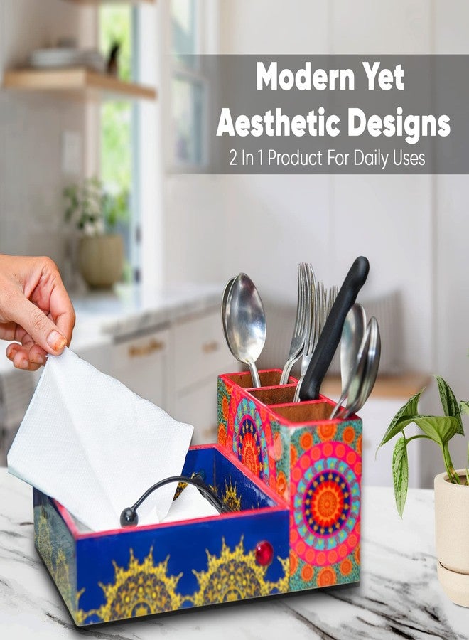 CRAFTY ESSENTIALS Wooden Cutlery and Tissue Holder Multipurpose Kitchen and Dining Table Organizer with Enamel Coating, 10x8x4 Inch - Image 3