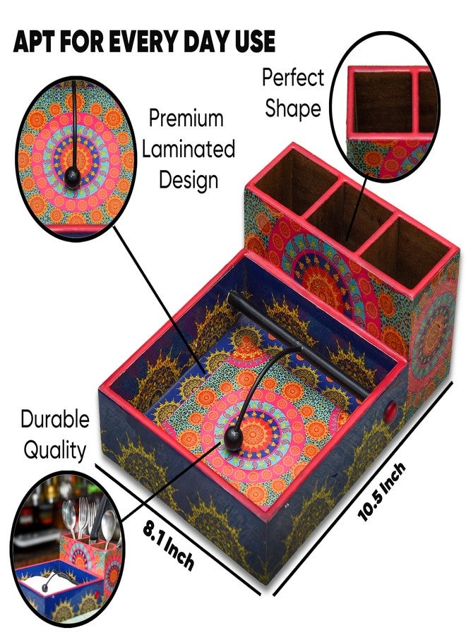 CRAFTY ESSENTIALS Wooden Cutlery and Tissue Holder Multipurpose Kitchen and Dining Table Organizer with Enamel Coating, 10x8x4 Inch - Image 5