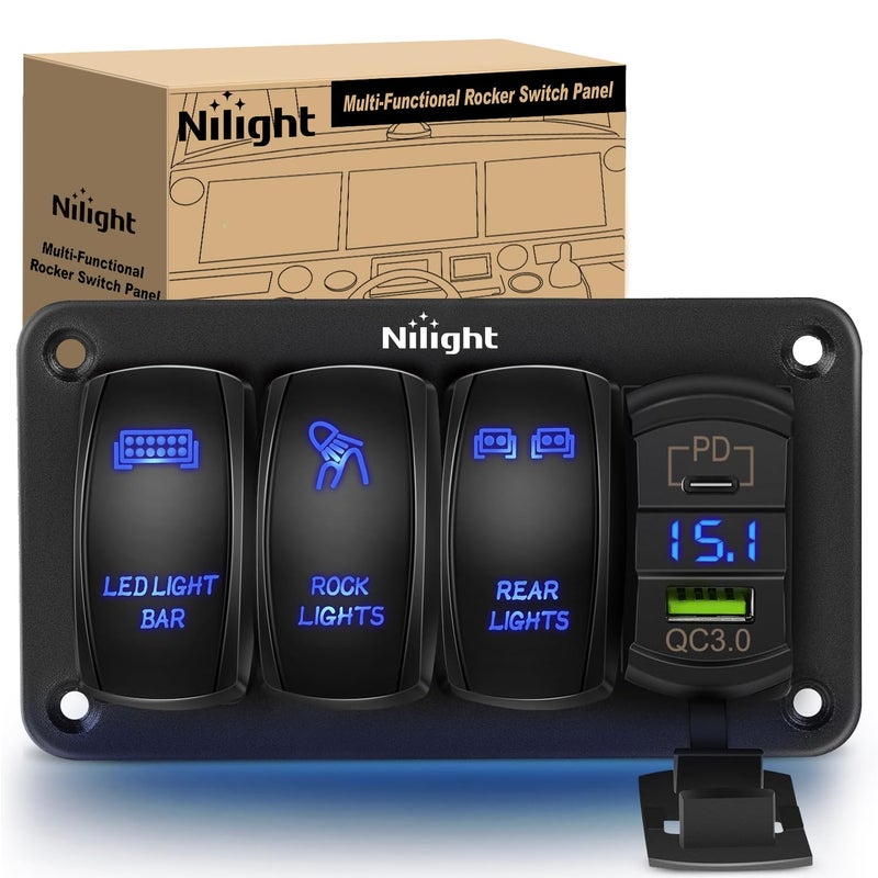 Nilight 3 Gang Rocker Switch Aluminum 12V 24V Laser Toggle Panel Blue PD Type C USB Charger Voltmeter LED Light Bar RockRear Lights for Car Truck Boat RV - Image 2