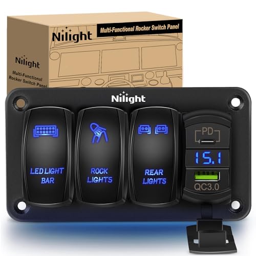 Nilight 3 Gang Rocker Switch Aluminum 12V 24V Laser Toggle Panel Blue PD Type C USB Charger Voltmeter LED Light Bar RockRear Lights for Car Truck Boat RV - Image 1