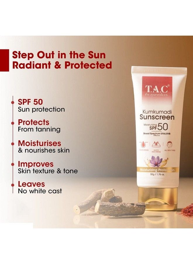 TAC - The Ayurveda Co. واقي شمس كومكومادي خفيف للغاية بعامل حماية من أشعة الشمس 50 مع حماية من الأشعة فوق البنفسجية UVA/Uvb Pa+++ للبشرة الباهتة والجافة للنساء والرجال وجميع أنواع البشرة 50 جرام  - Image 4