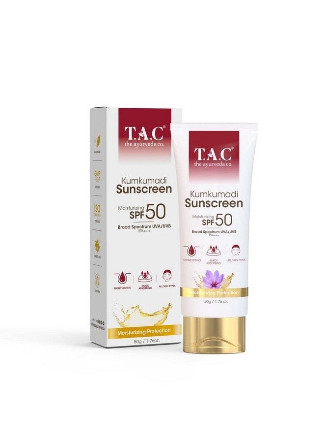 TAC - The Ayurveda Co. واقي شمس كومكومادي خفيف للغاية بعامل حماية من أشعة الشمس 50 مع حماية من الأشعة فوق البنفسجية UVA/Uvb Pa+++ للبشرة الباهتة والجافة للنساء والرجال وجميع أنواع البشرة 50 جرام  - Image 1