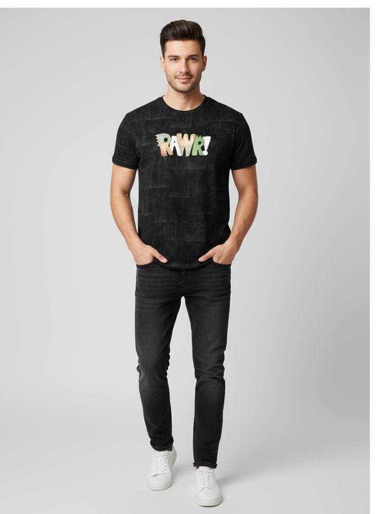بريميم تي شيرت رجالي أسود منقوش – تي شيرت "راور!" برقبة دائرية وطبعة كوميدية، مناسب للارتداء في الشارع - Image 1