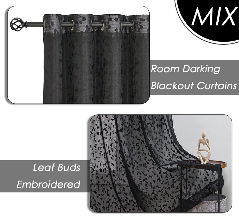 Jubilantex Full Blackout Curtains + Leaf Sheer Window Panels, Mix and Match Style Double Layer Window Treatment Sets for Bedroom Living Room, 4 Panels 52" W x 63" L, Black and Black - Image 4