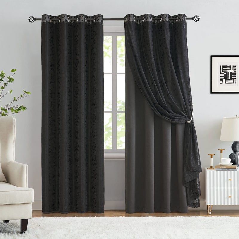 Jubilantex Full Blackout Curtains + Leaf Sheer Window Panels, Mix and Match Style Double Layer Window Treatment Sets for Bedroom Living Room, 4 Panels 52" W x 63" L, Black and Black - Image 1