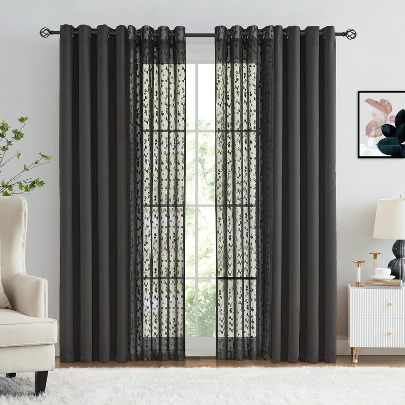 Jubilantex Full Blackout Curtains + Leaf Sheer Window Panels, Mix and Match Style Double Layer Window Treatment Sets for Bedroom Living Room, 4 Panels 52" W x 63" L, Black and Black - Image 2