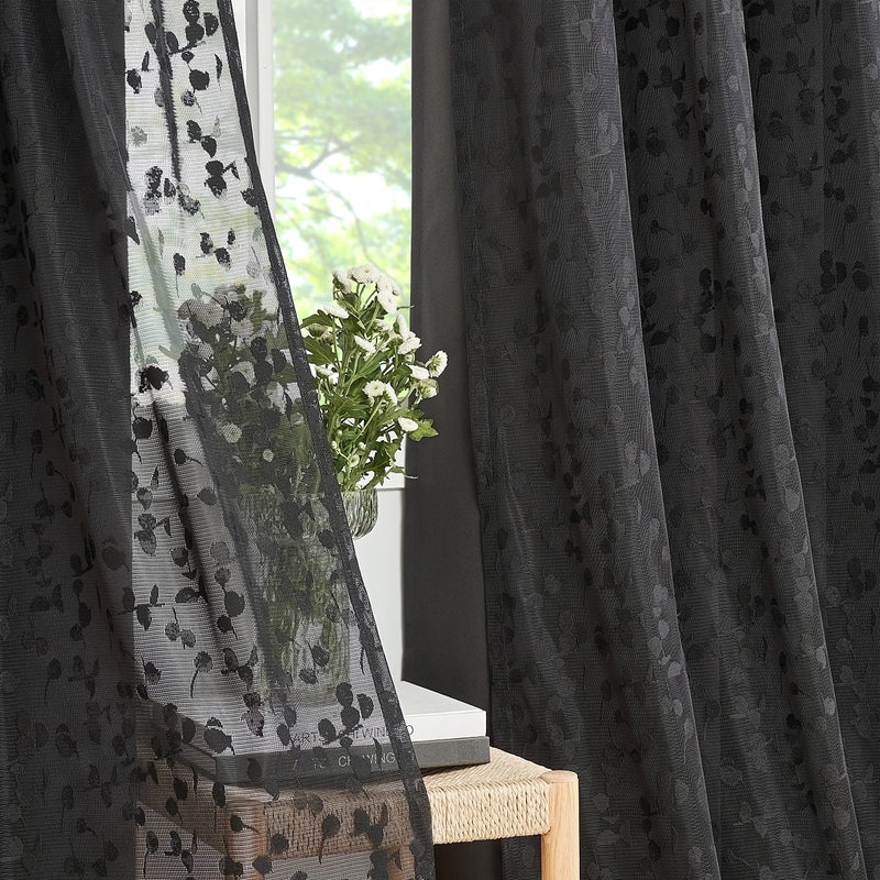 Jubilantex Full Blackout Curtains + Leaf Sheer Window Panels, Mix and Match Style Double Layer Window Treatment Sets for Bedroom Living Room, 4 Panels 52" W x 63" L, Black and Black - Image 3