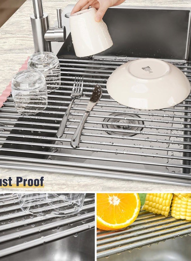 Tomorotec 17.7" x 15.5" Roll Up Dish Drying Rack Over Sink Drying Rack Sink Cover Kitchen Sink Accessories Gadget Multipurpose Organizer Foldable Stainless Steel Drainer - Image 2