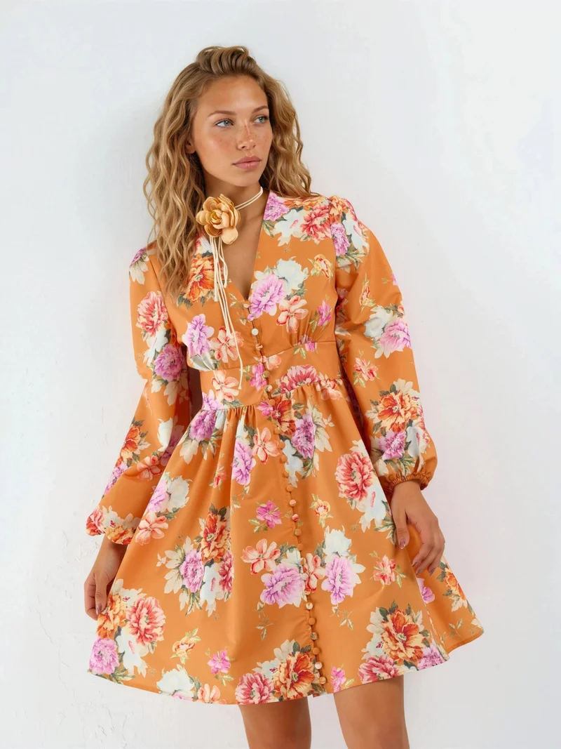 Jennyfer Frilly Floral V-Neck Mini Dress