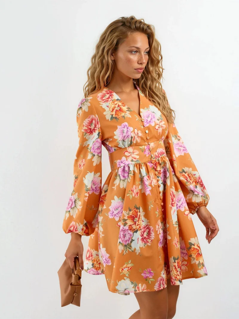 Jennyfer Frilly Floral V-Neck Mini Dress