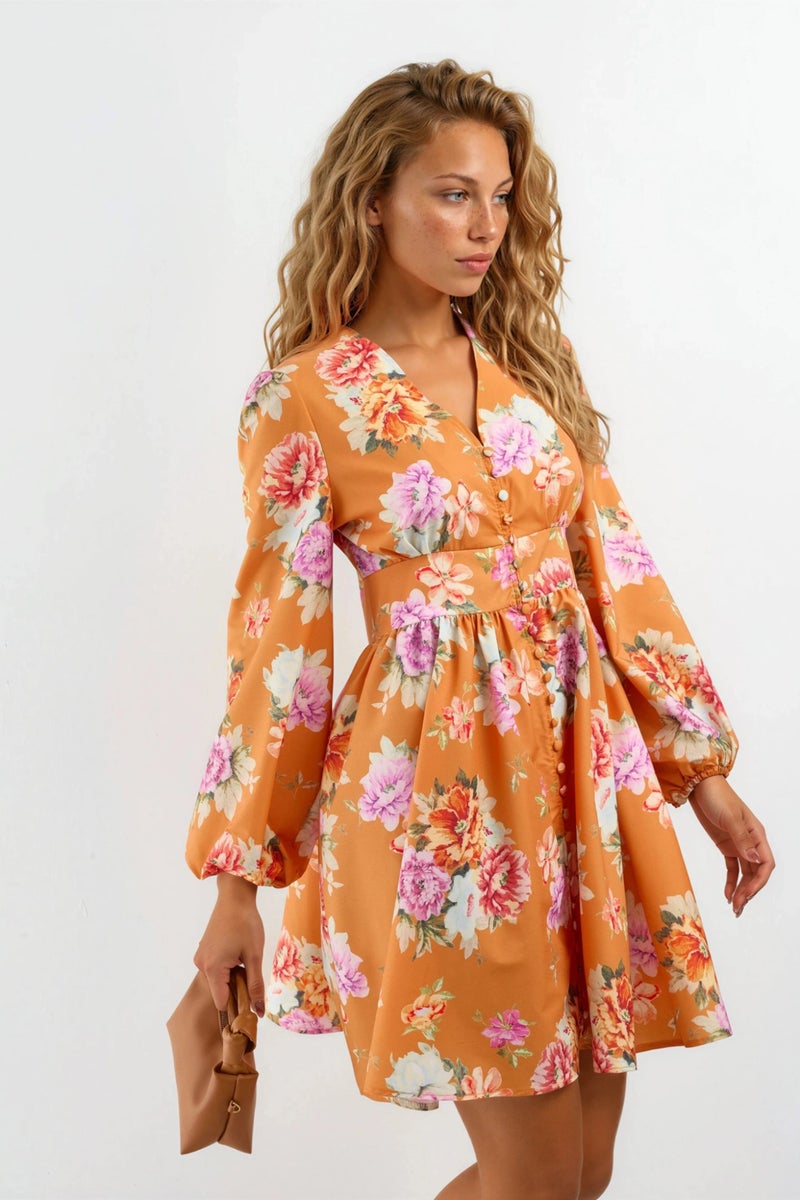 Jennyfer Frilly Floral V-Neck Mini Dress - Image 1
