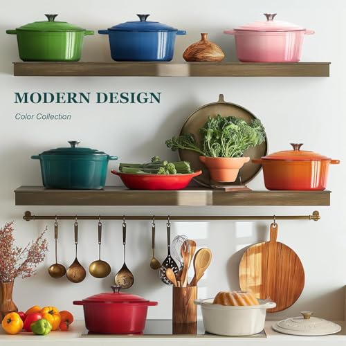 Overmont Enameled Cast Iron Dutch Oven - 5.5QT Pot with Lid Cookbook & Cotton Potholders - Heavy-Duty Cookware for Braising, Stews, Roasting, Bread Baking bottle green - Image 2