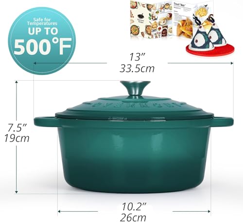 Overmont Enameled Cast Iron Dutch Oven - 5.5QT Pot with Lid Cookbook & Cotton Potholders - Heavy-Duty Cookware for Braising, Stews, Roasting, Bread Baking bottle green - Image 5