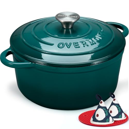 Overmont Enameled Cast Iron Dutch Oven - 5.5QT Pot with Lid Cookbook & Cotton Potholders - Heavy-Duty Cookware for Braising, Stews, Roasting, Bread Baking bottle green - Image 1