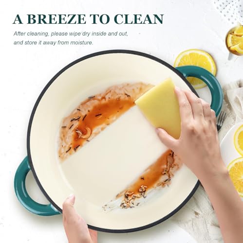 Overmont Enameled Cast Iron Dutch Oven - 5.5QT Pot with Lid Cookbook & Cotton Potholders - Heavy-Duty Cookware for Braising, Stews, Roasting, Bread Baking bottle green - Image 4