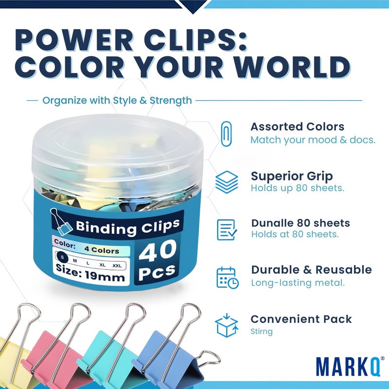 MARKQ مشابك ورق مارك كيو متعددة الألوان مصنوعة من المعدن المتين | حوامل مستندات قوية وموثوقة للمكتب والمدرسة والمنزل وتنظيم الفصول الدراسية، صغيرة 19 مم - عبوة من 40 - Image 2