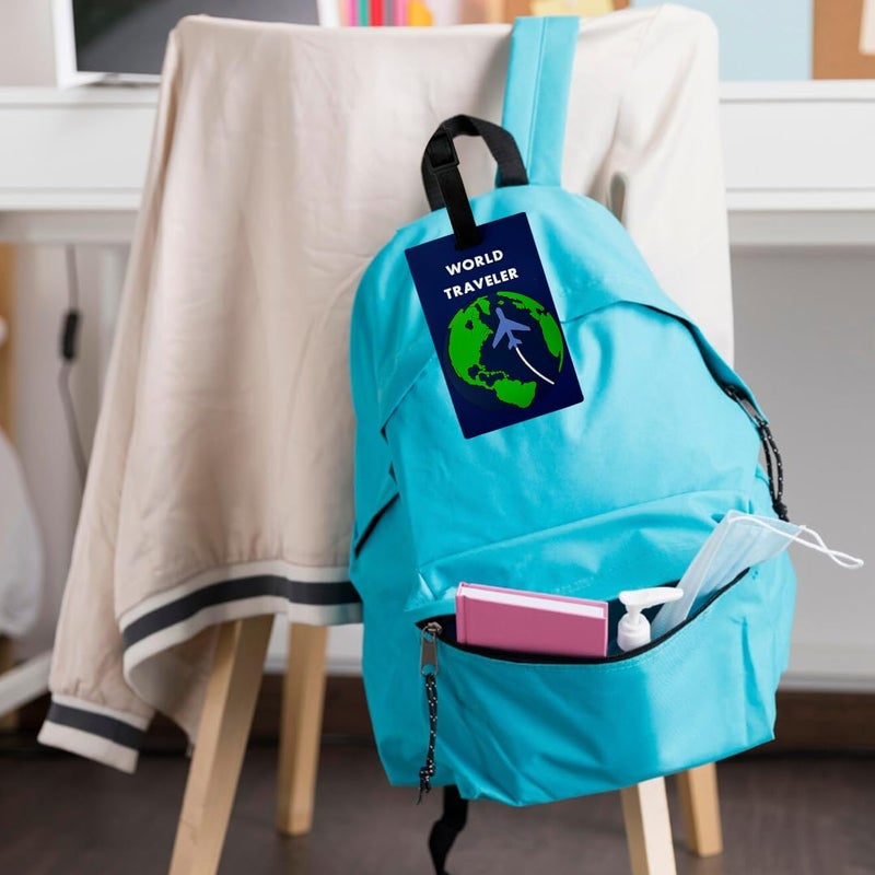 Eitheo بطاقات أمتعة للأطفال بطاقات أمتعة مع اسم وعنوان | بطاقات أمتعة سيليكون للحقائب، بطاقات لتحديد هوية حقائب السفر/حقائب المدرسة ملونة متعددة (مسافر عالمي) - Image 3