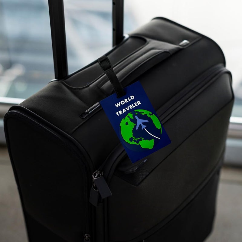 Eitheo بطاقات أمتعة للأطفال بطاقات أمتعة مع اسم وعنوان | بطاقات أمتعة سيليكون للحقائب، بطاقات لتحديد هوية حقائب السفر/حقائب المدرسة ملونة متعددة (مسافر عالمي) - Image 2