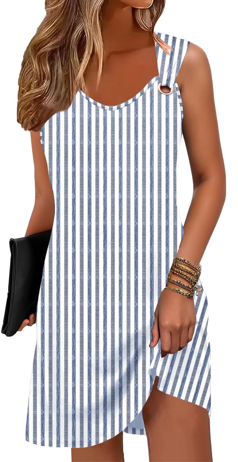 ETCYY Summer Dresses for Women 2026 Vacation Beach Cover Ups Swimsuit Sleeveless Sundresses Casual Loose Tank Sun Dresses,Striped Navy,Large - Image 1