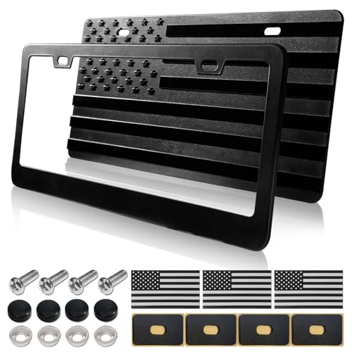 ZXFOOG American Flag License Plate for Front Bumper, Black ABS Plastic Car Tag Plate with 3D Embossed USA Flag Pattern, with Aluminum Frame, Screws, Patriotic Decals - Image 1