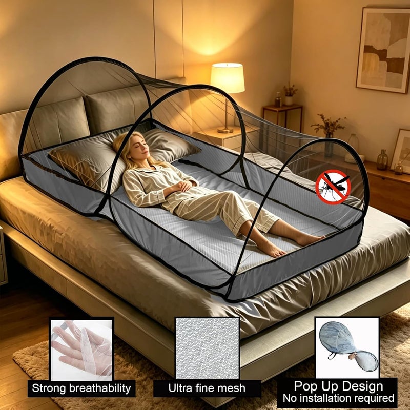 Portable Mosquito Net Foldable Pop-Up Travel Mosquito Net for Bed Free Installation-Suitable for Baby Adults Bedroom, Camping, nap, Patio (Large-Bottom Zipper(Black net)) - Image 2