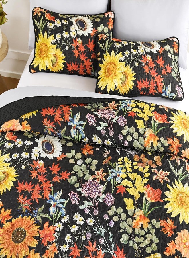 Yiran Floral Quilts Queen Size, Black Yellow Sunflower Botanical Fall Bedspread Bedding Set, 3 Pieces Colorful Soft Lightweight Microfiber Coverlet with 2 Pillow Shams for All Season 96x90 Inch - Image 3