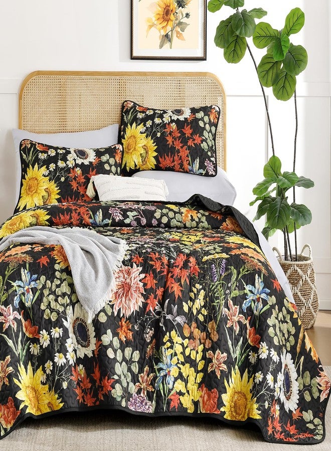Yiran Floral Quilts Queen Size, Black Yellow Sunflower Botanical Fall Bedspread Bedding Set, 3 Pieces Colorful Soft Lightweight Microfiber Coverlet with 2 Pillow Shams for All Season 96x90 Inch - Image 1