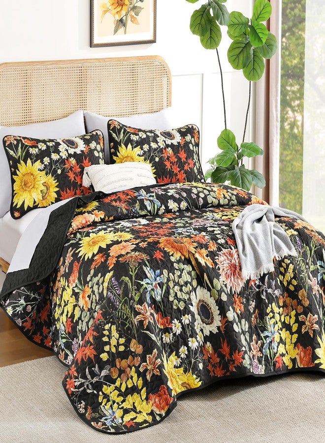 Yiran Floral Quilts Queen Size, Black Yellow Sunflower Botanical Fall Bedspread Bedding Set, 3 Pieces Colorful Soft Lightweight Microfiber Coverlet with 2 Pillow Shams for All Season 96x90 Inch - Image 2